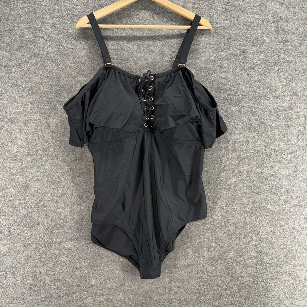 New Raisins Swimwear Women 24W Plus Black Sleeveless Wide Strap Tasseled Swim